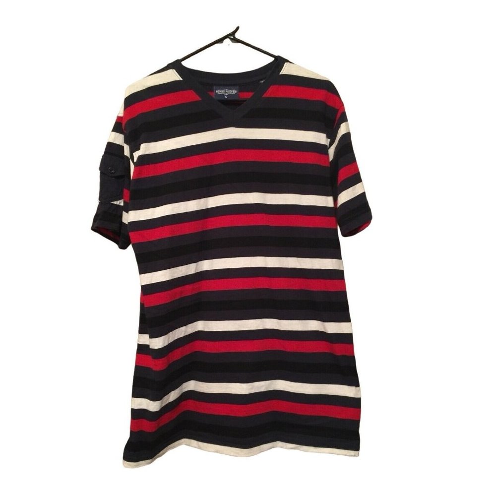 King Maker Shirt Mens Size M L Short Sleeve Striped Blue Black Red White Cotton